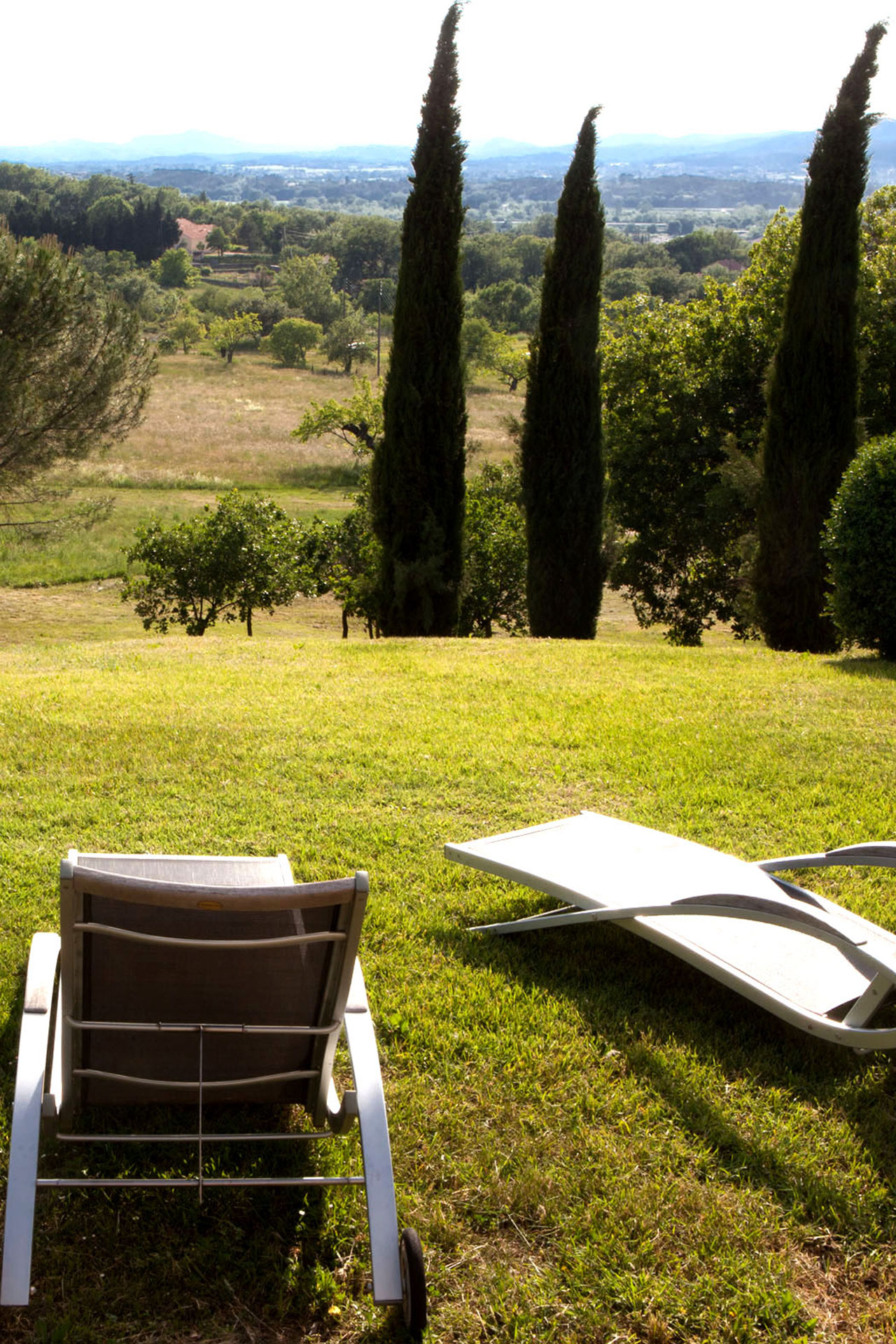 Transats dans l'herbe avec vue extérieure incroyable sur les colines et le domaine